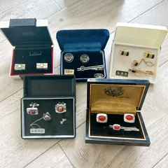 箱付き！ネクタイピンやカフスボタン　5箱　まとめセット！天然石　誕生石　GENOS　等。昭和レトロ　平成レトロ