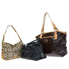 【中古】 3点セット コーチ COACH シグネチャー ショルダーバッグ ブラウン ブラック キャンバス レザー 08JA182