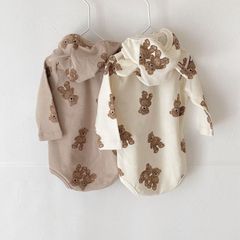くま柄 ロンパース フード付 ホワイト ピンクブラウン 70cm 80cm ベビー服 韓国服 新品 男の子 女の子 ks4634