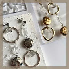 アシメ メタル×天然石 モード ハンドメイドピアス イヤリング 丸モチーフ クリアビーズ 金属アレルギー対応 ステンレス 24金コーティング ゴールド シルバー アシンメトリー カジュアル 軽い 軽量