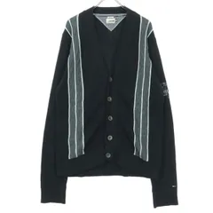TOMMY HILFIGER トミーヒルフィガー ストライプ柄 長袖 ニットカーディガン M ブラック メンズ 古着