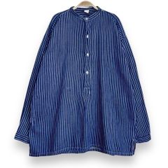 【フォロワー様クーポン配布中！】バンドカラー コットン ストライプ 総柄  長袖  フィッシャーマンスモック fishermen smock  プルオーバーシャツ フィッシャーマンシャツ ハーフボタン ワークシャツ メンズ ヨーロッパ古着 海外古着【S146】