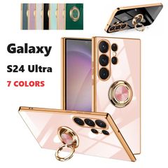 Galaxy S24 Ultra対応機種選択 TPU 6D ソフト リング付き バックカバー 保護ケース 折り畳み 衝撃吸収 落下防止 スタンド 電気メッキ （ブラック、グレー、パープル、エメラルドグリーン、ミントグリーン、ホワイト、ピンク）7色選択