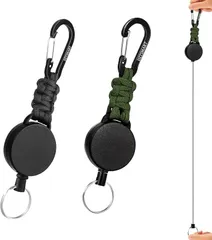 DZTSMART リールキーホルダー 2個セット 巻き取り式キーホルダー カラビナ付き 耐荷重250g ステンレスワイヤー 60cm伸縮 多機能 超軽量 紛失防止 鍵・IDカードホルダー キャンプ ハイキング(ブラック+オリーブグリーン)