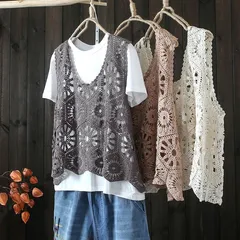 ベスト即購入OK  レディース 春 夏 クロシェ編み トップス 透かし編み プルオーバー Vネック かぎ編み カジュアル 無地 レイヤード ニットベスト トップス きれいめ カジュアル フェミニン 無