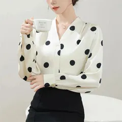 シャツ  ブラウス ドット柄 新作 レディース Vネック サテン風 長袖 トップス プルオーバー シャツ ブラウス 春 秋 ゆったり デザイン感 エレガント レトロ カジュアル  大きいサイズ  20代 30代 40代 50代 着痩せ 大人xzzhang158