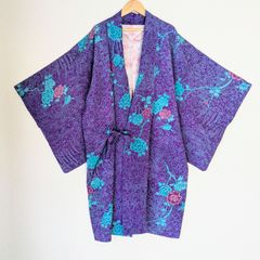 Japanese Vintage Haori Dochugi Kimono Coat Purple Calico pattern 長羽織 羽織 道中着 コート 紫 広衿 更紗柄 草花文 昭和レトロ 一点物 和洋折衷