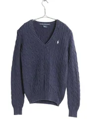 【お得なクーポン配布中!】 ラルフローレン コットン ケーブル ニット セーター レディース S / ポロ スポーツ 長袖ニット Vネック ワンポイント シンプル きれいめ 紺