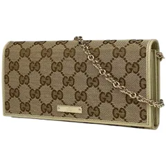 グッチ GUCCI GG柄 二つ折り 長財布 チェーンウォレット シグネチャー 長財布 GGキャンバス ベージュ ブラウン 170426 【中古】