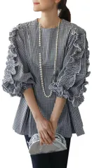 新品 [DYIOPMFGZ] シャツ レディース ブラウス トップス カットソー プルオーバー tシャツ チュニック フリル フレア プリーツ シャーリング ギャザー カジュアル とろみ オシャレ パフスリーブ チェック柄 長袖 ゆったり 春夏秋冬 ボリューム