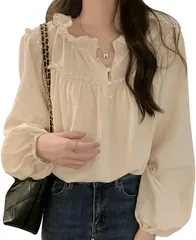 WEARBIE ウェアビー ボリュームスリーブ フリルブラウス くるみボタン レトロ ギャザー かわいい オシャレ ふんわり 二の腕カバー レディース スタンドカラー バンドカラー 長袖 ロングスリーブ 清楚 パフスリーブ(アイボリー,  XL)