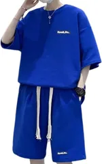 BLANK BLANC ブランクブラン 上下 セットアップ ワッフル ルームウェア tシャツ ショートパンツ ベルト付き 普段着 ヨガウェア スポーツウェアセット リラックスセットアップ テレワーク デザイン b系(ブルー,  XL)