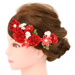 髪飾り 成人式 つまみ細工 赤 振袖 前撮り 袴 浴衣 夏祭り 花火大会 豪華2点セット サーモンピンク ピンク 白 ちりめん パール No.9-4243