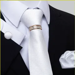 発表会　ネクタイ　チーフ　カフス　リング　4点セット　格子柄　結婚式　パーティー　イベント　ビジネス　ホワイト色　白色　格安　美品　スーツ　ワイシャツ　小物