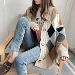 ボア ニット ダイア柄 アーガイル カーディガン 白 オーバーサイズ 韓国