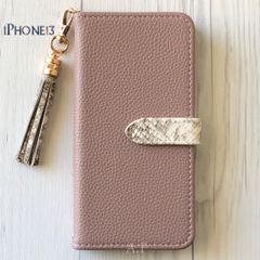 iPhone13 ケース 手帳型★レザー調 モカピンク パイソン柄