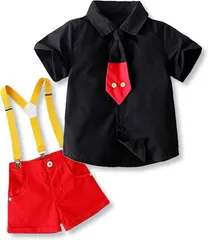 Lezalic キッズ コーデ サスペンダー ネクタイ セットアップ 子供服 コスチューム おでかけ 記念写真 半袖(120)