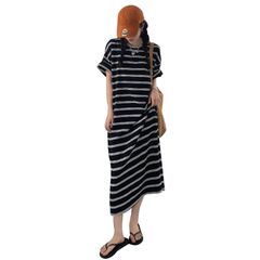 [HEWEAYTA] ルームワンピース レディース パジャマ 夏 丸首 薄手 ロング丈 ワンピース 快適 ゆったり 肌に優しい ネイビー M-2XL