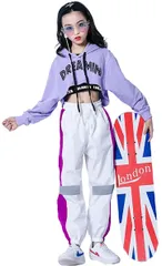 LOLANTA ヒップホップ キッズ ダンス ガールズ 3点セット ダンスウェア ロングパンツ ズボン パーカー ストレート ジャズ 150-パープル( パープル,  150)