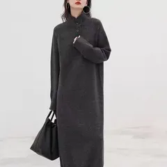 ロングニットワンピース 秋冬 ニットワンピース Aライン ハイネック ボタン 厚手 暖かい 保温 防寒服 ゆったり 体型カバー 長袖 上品 きれいめ シンプル 体型カバー 無地 伸縮性  洗える ルーム