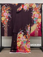 振袖 仮絵羽 刺繍 金彩 牡丹 大輪 薔薇 百合 正絹 未仕立て品 八掛付き MOK494
