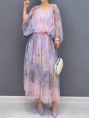 ワンピース レディース マキシワンピース ロングワンピース 長袖 シースルー オールシーズン ゆったり 旅行  おしゃれ 通勤 きれいめ 体型カバー お呼ばれ 二次会 結婚式 1204