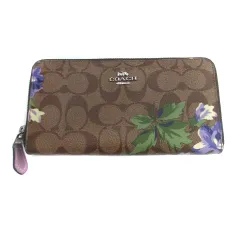コーチ COACH 長財布 ウォレット ラウンドファスナー 小銭入れあり シグネチャー柄 花柄 レザー マルチカラー 茶色 ブラウン /HO9