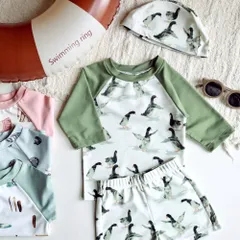 ☆ カモ ☆ 110cm ☆ ベビー キッズ 水着 セパレート 帽子付き UVカット 水着 セパレート 帽子 ベビー キッズ スイムパンツ 長袖 ラッシュガード パンツ 子ども用水着 子供用水着 スイムウェア UVカット 帽子付き セット ぼうし