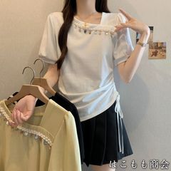 【美品・未使用新品】半袖です☆新しいデザインの肩の不規則なドローストリングファッション薄いトップス女性