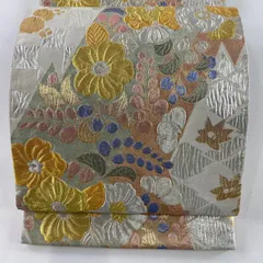薄茶色 花柄 袋帯　長尺　ゆったり　正絹　リバーシブル　全通 薄茶色 花柄 袋帯 長尺 ゆったり 正絹 リバーシブル 全通 全通柄袋帯