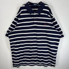 古着 90's/90年代 ポロバイラルフローレン Polo by Ralph Lauren 鹿の子 半袖 ポロシャツ ロゴ 刺繍 大きいサイズ 2ボタン 4XB BIG  ネイビー系 ボーダー メンズ