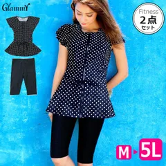 【4L 5L】 ロング丈 フィットネス水着 上下2点セット 大きいサイズ レディース 体型カバー セパレート チュニック丈 フリル袖 半袖 袖付き 膝上丈スパッツ 水中ウォーキング ドット柄 水玉 プール ジム 女性 送料無料 m-f-0028