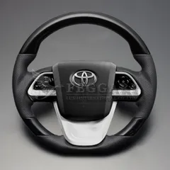 プリウス / PHV含む 50/51/52系 ピアノブラック×ダークグレー ガングリップ ウッド パンチング本皮調レザーステアリング フェガーリ LUNA