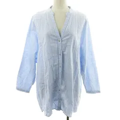 ザラ トラファルック ZARA Trafaluc collection シャツ 長袖 スキッパーカラー チュニック丈 シャツワンピ 薄手 コットン 麻混 リネン混 ストライプ XS 青 ブルー /BT