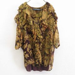 シトロン 花柄 刺繍 シャツ キーネック 七分袖 3L 茶 絹 お出かけ 