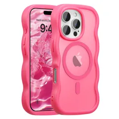 新品 UEEBAI 対応 iPhone 15 Pro Max 用の ケース 透明 TPU ウェーブデザイン スマホケース クリア 可愛い 人気 おしゃれ ケース MagSafe対応 薄型 軽量 耐衝撃 波型 バンパー スマホケース - ホットピンク
