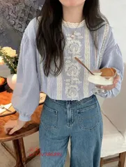 ブラウス レディース 長袖 トップス ストライプブラウス 立ち襟 ブラウス 韓国 トップス 春 秋 フリル ファッション レース バルーンスリーブ  vii3v386891