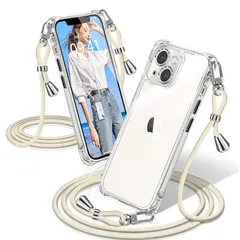 iPhone 13 mini ケース クリア ショルダー 耐衝撃 iPhone13mini スマホケース 透明 織りストラップ付き 肩がけ 首掛け 紐付き アイフォン13mini カバー 縄掛け シングルショルダーロープ 斜めがけ 調節可能なショルダー ク 1