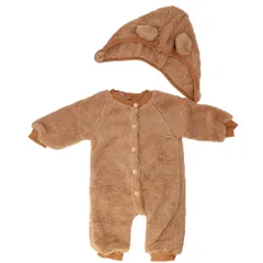 ☆ ブラウン ☆ 73cm ☆ ベビーロンパース pky0209 ロンパース カバーオール アウター ベビー服 子供服 長袖 帽子付き 帽子 裏ボア くま 前ボタン 防寒 あったか お出かけ お散歩 かわいい カワイイ 秋 冬 着ぐるみ 赤ちゃん キッズ