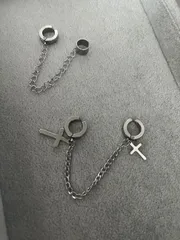 イヤーカフ ロングチェーン 2穴 ピアス穴不要 人気デザイン 2点セット 十字架 クロスデザイン イヤリング 耳たぶ 軟骨 韓国アクセサリー