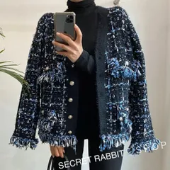 韓国エレガント♡高級感ツイードジャケット配色刺繍 編みゆったりニットカーディガン