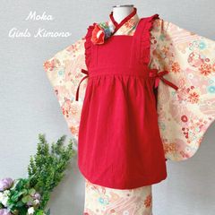 【再販♡】七五三　3歳　着物＆被布エプロンセット　朱色和柄×生成り　ハンドメイド 七五三 3歳 女の子 着物＆被布エプロンセット 朱色和柄×生成り