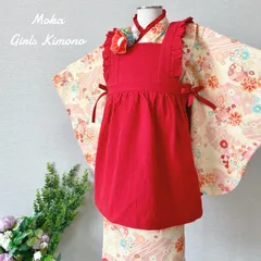 【再販♡】七五三　3歳　着物＆被布エプロンセット　朱色和柄×生成り　ハンドメイド 再販♡】七五三3歳着物＆被布エプロンセット朱色和柄×生成り