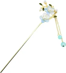 Miaomyao ミャオミャオ 簪 かんざし 髪飾り 和装 着物 留袖 一本挿し シルバー パール クリスタル 水晶 ダブル フラワー 桜 花 モチーフ ヘアアクセサリー(ブルー,  ワンサイズ)