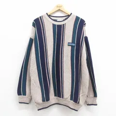 XL/古着 IZOD 長袖 セーター メンズ 90s ワンポイントロゴ 大きいサイズ コットン クルーネック ベージュ他 カーキ ストライプ 25sep06 中