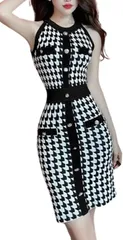 toasoa トーアソーア ニット ワンピース ミニ タイト セクシー ノースリーブ 千鳥 格子 柄(ブラック,  M)