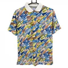 【超美品】チャンピオン 半袖ポロシャツ 白×ブルー 総柄 ロゴ刺しゅう メンズ MEDIUM ゴルフウェア Champion