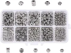 PH PandaHall 約500個 10種 合金 スペーサービーズ 菊座 花座 座金 ロンデル メタルビーズ チャーム チベット風 ジュエリー製作 アクセサリーパーツ DIY用 クラフト 手作り素材 アンティークシルバー( 銀古美)