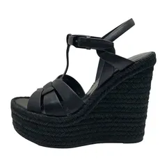 SAINT LAURENT サンローラン YSL トリビュート ウェッジ エスパドリーユ サンダル 611924BDA001000 size=35 1/2 22.5cm メタルフリータンニンレザー ミッドソール ブラック ウィメンズ