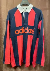 レア MADE IN JAPAN製 80~90s デサント製 adidas 長袖スウェットラガーシャツ レッド×ネイビー L-Oサイズ